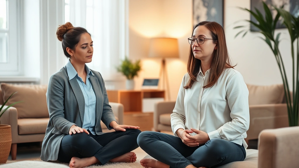 Professional therapist and client in calm office setting during mindfulness session, both appearing relaxed and focused, warm lighting, comfortable furniture, no screens or text visible, therapeutic environment