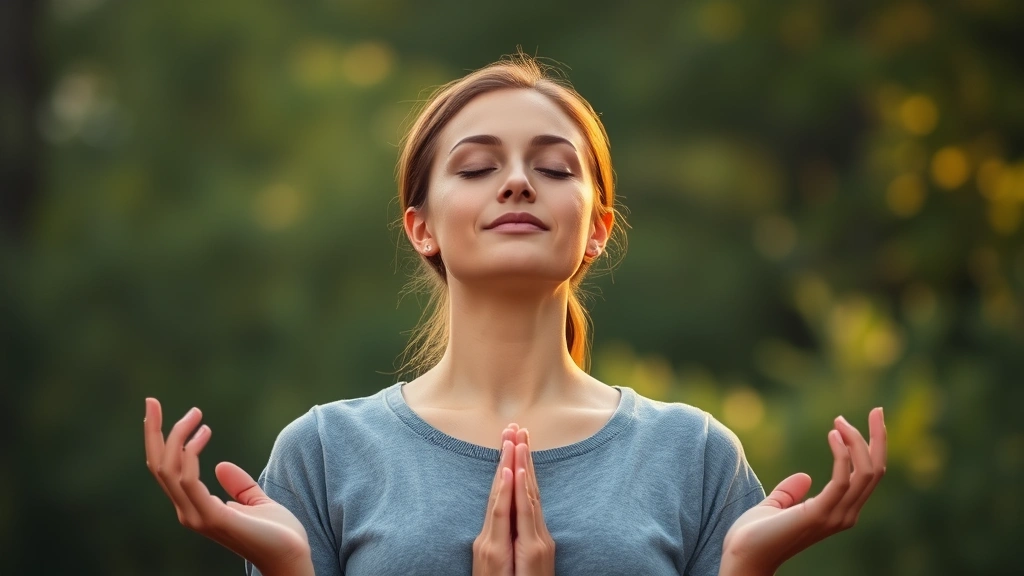 Woman practicing mindful breathing outdoors in natural setting, eyes closed peacefully, surrounded by blurred green forest background, soft golden hour lighting, photorealistic wellness imagery