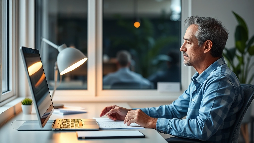 Person working at desk with visible focus and concentration, meditation session in background window, calm productive environment, photorealistic, no text