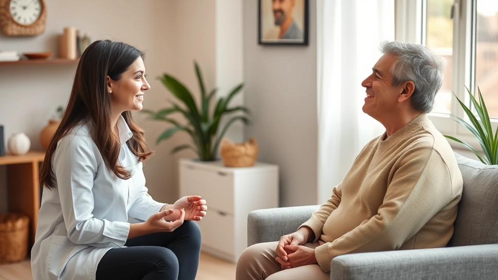 Therapist and patient in counseling session with mindfulness elements, warm natural lighting, calm professional office environment, emphasizing therapeutic connection and wellbeing