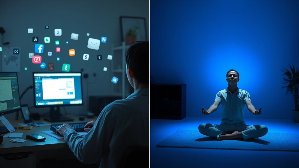 Split-screen comparison: left side shows person distracted at desk surrounded by floating notification icons and visual clutter, right side shows same person meditating peacefully with calm blue lighting and clarity effects