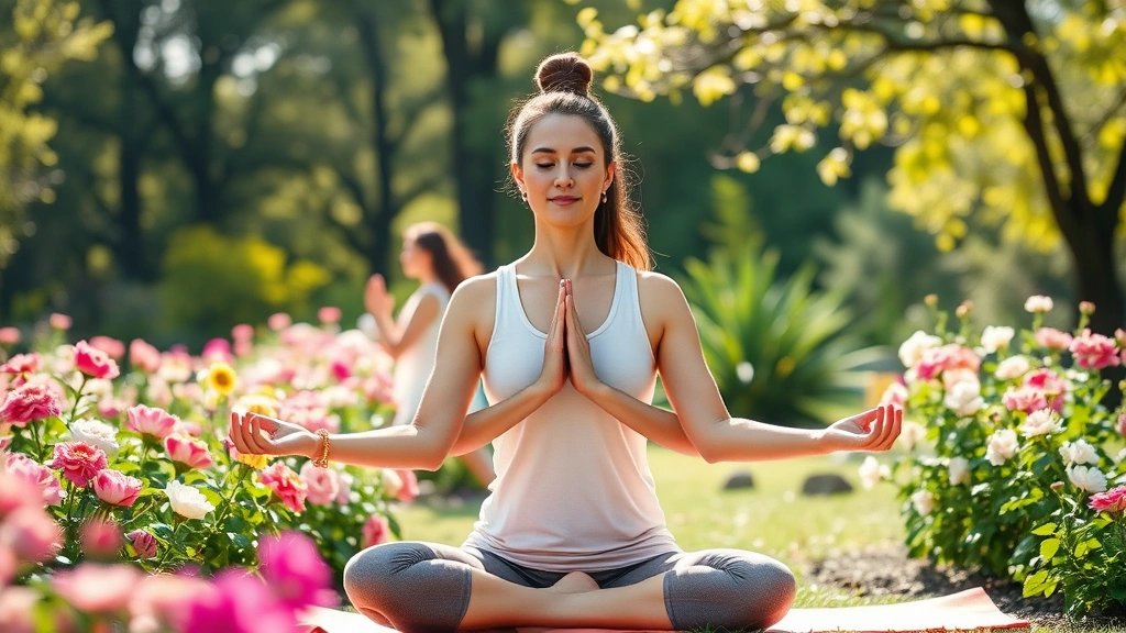 Woman practicing yoga meditation pose outdoors in garden surrounded by blooming flowers, sunlight streaming through trees, peaceful expression, natural wellness scene demonstrating mindfulness practice