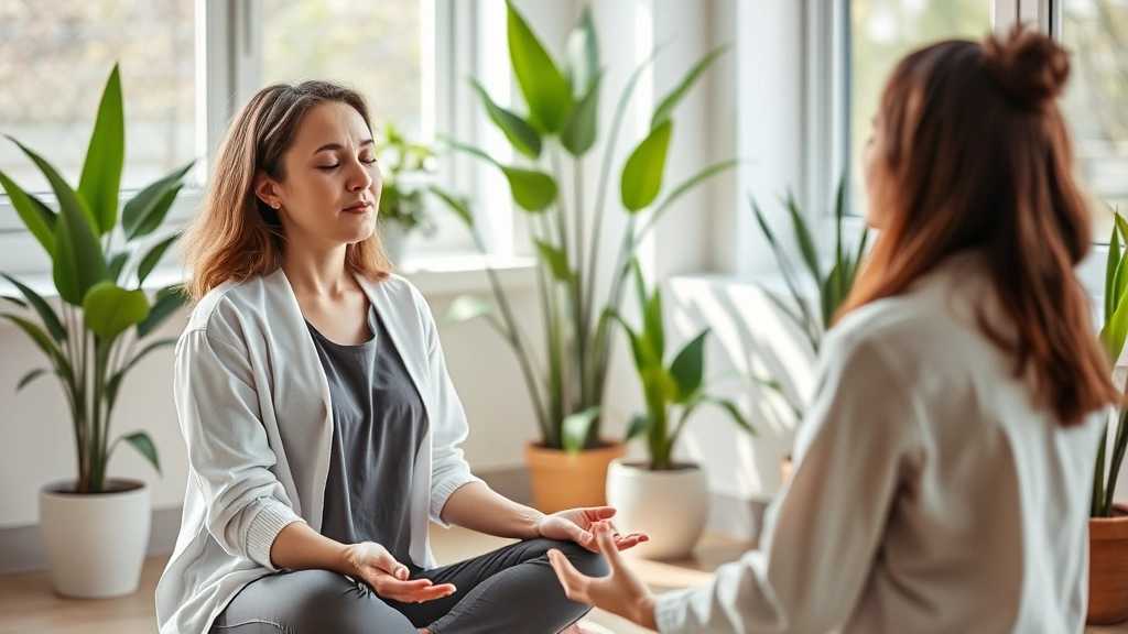 Therapist and patient in clinical setting during mindfulness session, person sitting peacefully with eyes closed, professional healthcare environment with plants and natural light, evidence-based mental health treatment, photorealistic, no visible text