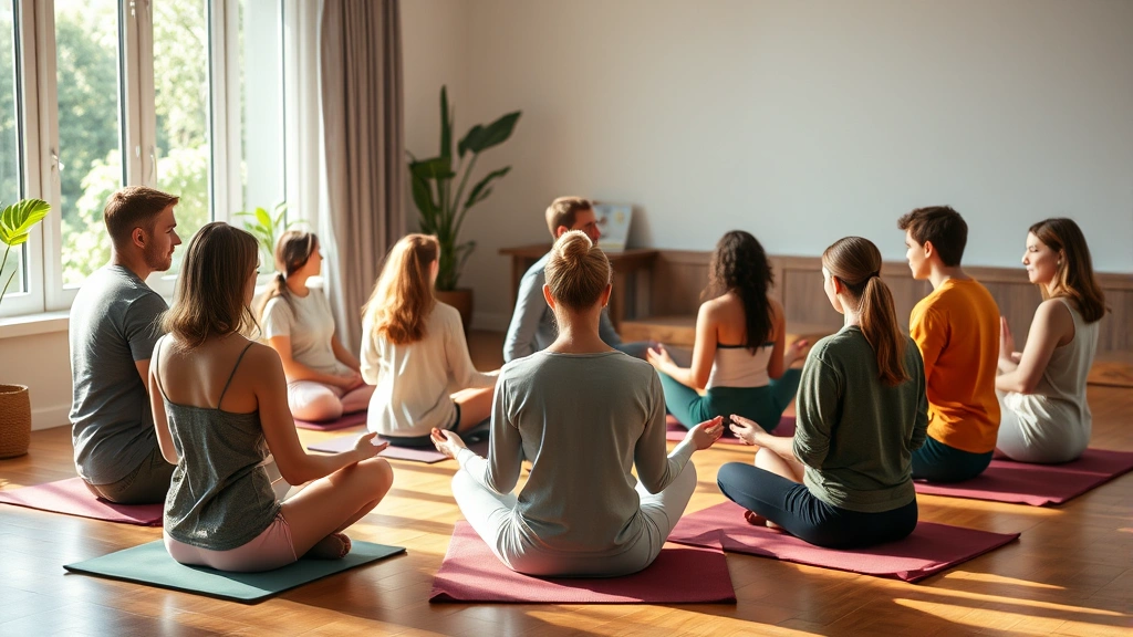 Diverse group of people in mindfulness meditation circle indoors, sitting peacefully with good posture, natural light through windows, supportive therapeutic environment, inclusive mental health setting, photorealistic warm lighting, community wellness