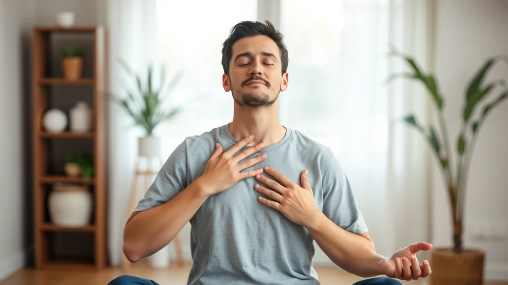Person practicing mindful breathing with hands on chest, calm indoor environment with soft natural lighting, demonstrating stress-reduction technique, focused peaceful demeanor, wellness-oriented imagery