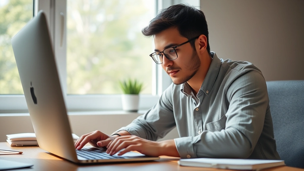 Individual focused on work at desk with calm expression, hands on keyboard, notebook beside them, natural window lighting creating peaceful workspace atmosphere, professional concentration setting