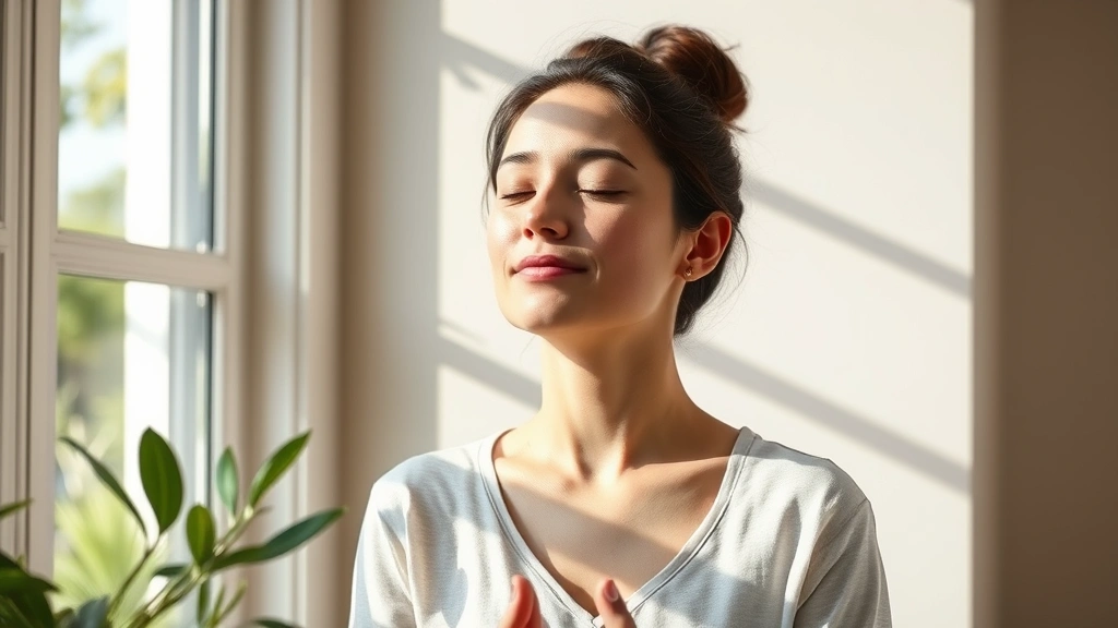Woman practicing mindful breathing in bright natural light, eyes closed peacefully, sitting by window with plants visible, sunlight on face, serene wellness moment photorealistic