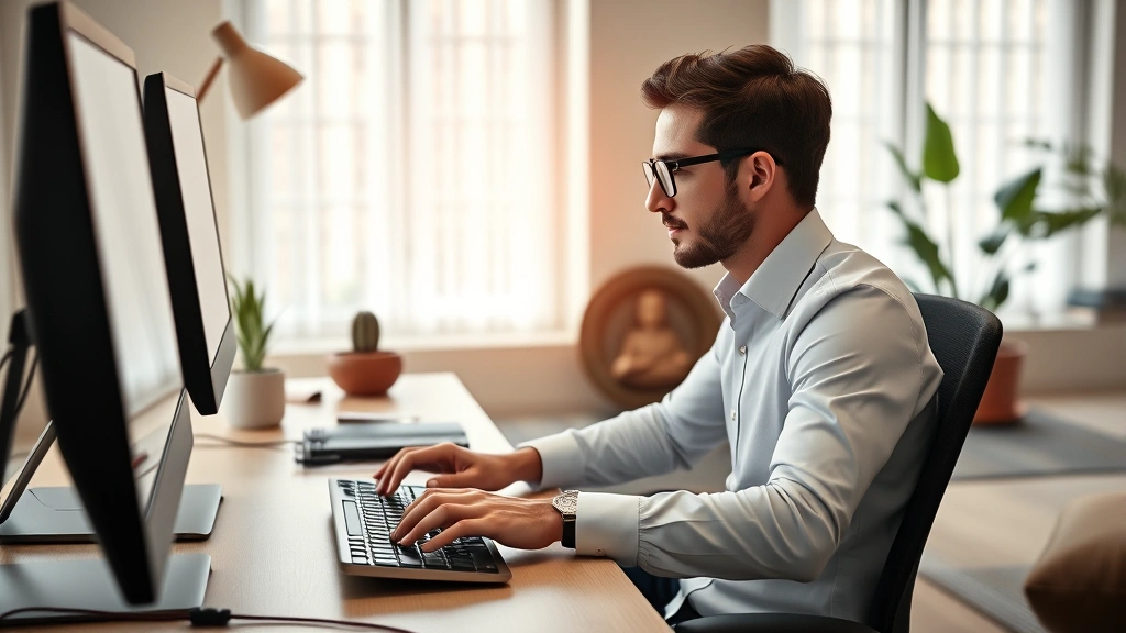 A professional working at a desk with complete focus, hands typing on keyboard, surrounded by subtle visual indicators of mindfulness like a meditation cushion and plant, bright natural office lighting, photorealistic contemporary workspace