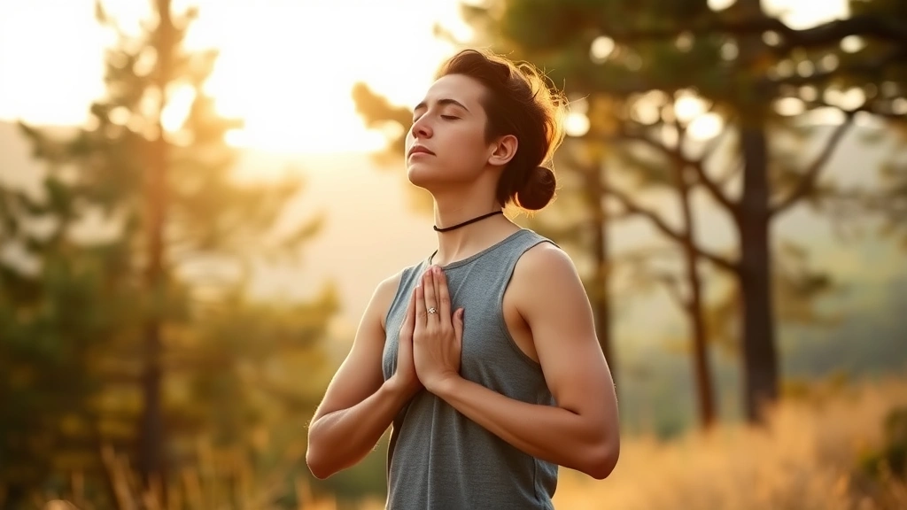 Person practicing mindful breathing outdoors in nature, standing peacefully with eyes closed, surrounded by trees and natural landscape, golden hour lighting, calm and centered posture