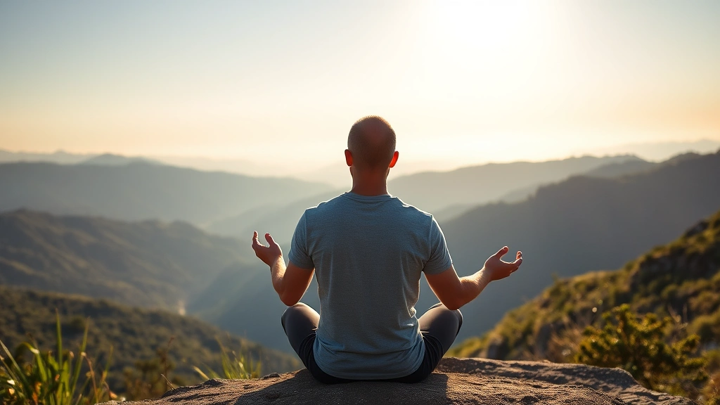 Person practicing mindful breathing outdoors on a mountain overlooking valley landscape, peaceful expression, morning light, natural wellness setting, photorealistic