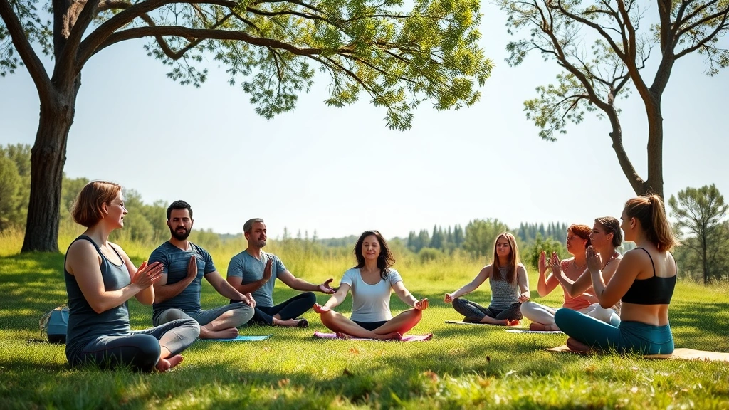 Diverse group of people practicing yoga and mindfulness outdoors in nature, sitting peacefully on grass with trees and clear sky, natural lighting, genuine peaceful expressions