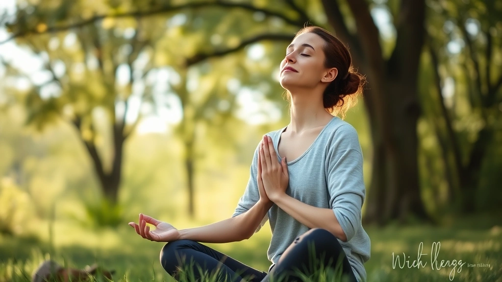 Woman practicing mindful breathing outdoors in nature, sitting peacefully with eyes closed, surrounded by trees and natural light, embodying calm and present-moment awareness, photorealistic