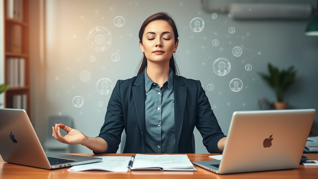 Professional woman at desk meditating with eyes closed, laptop and documents nearby, calm focused expression, warm office lighting, abstract focus/concentration energy visualization surrounding her, no screen text
