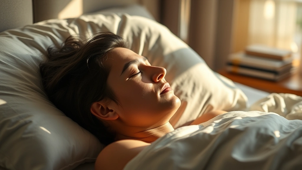 Person sleeping peacefully in bed with subtle morning light, relaxed facial expression, comfortable bedroom environment, warm natural lighting, photorealistic, no devices or screens visible
