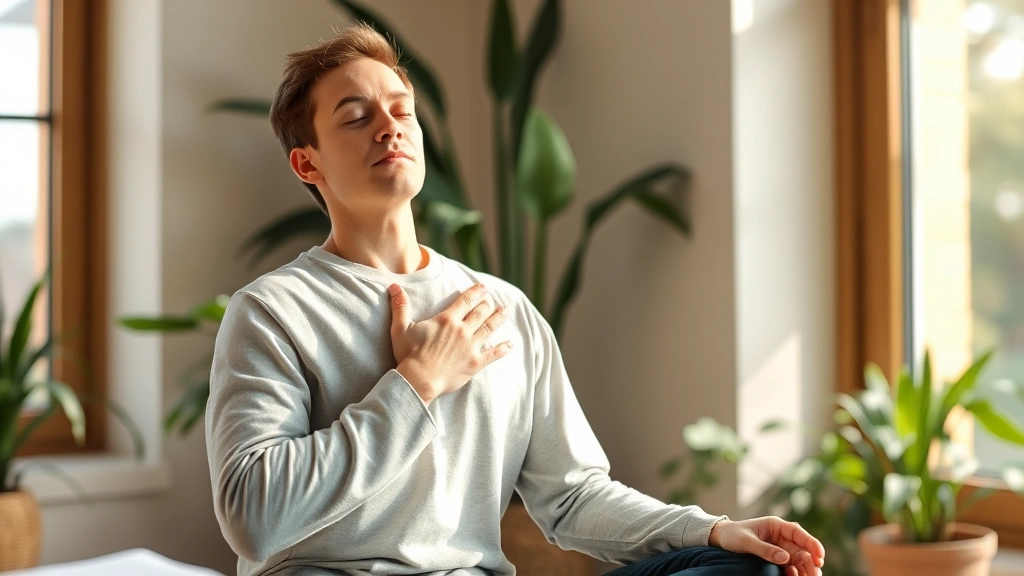 Individual practicing mindful breathing with hand on chest, sitting by window with natural daylight, relaxed posture, peaceful indoor environment with plants, demonstrating mental wellness practice