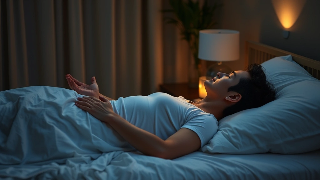 Individual performing body scan meditation lying in comfortable bed at night, relaxed posture, peaceful environment with soft ambient lighting, photorealistic wellness photography