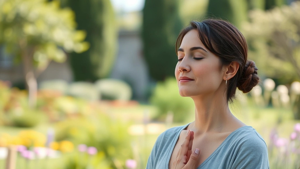 Woman practicing mindful breathing exercise outdoors in garden setting with eyes closed, calm expression, natural lighting, peaceful atmosphere, realistic photography without any visible text