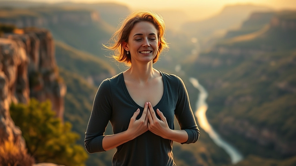 Woman practicing breathing exercise outdoors on a cliff overlooking valley, hands on chest, calm expression, golden hour lighting, natural landscape background, photorealistic wellness imagery