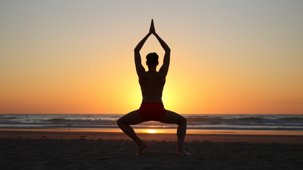 Individual practicing yoga meditation pose outdoors on beach at sunset, golden hour lighting, peaceful atmosphere, wellness lifestyle photography, photorealistic