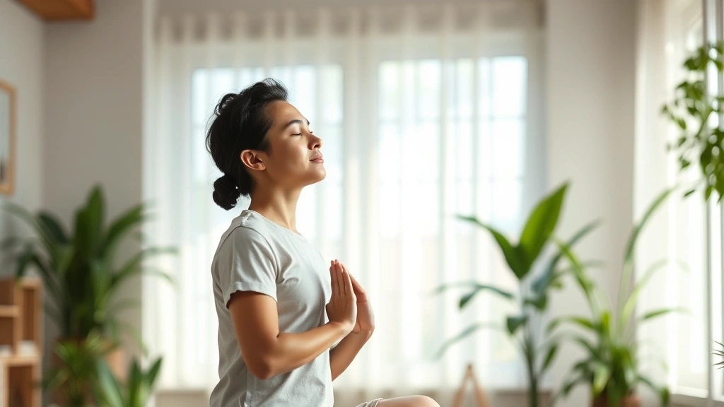 Individual practicing mindful breathing with visible calm energy, soft natural lighting, peaceful indoor setting with plants, mindful posture, photorealistic wellness imagery