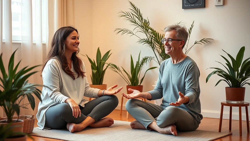 Therapist and client in warm clinical setting during mindfulness session, both seated comfortably, peaceful environment with plants and soft lighting, professional healthcare context, photorealistic photography, no visible text or charts