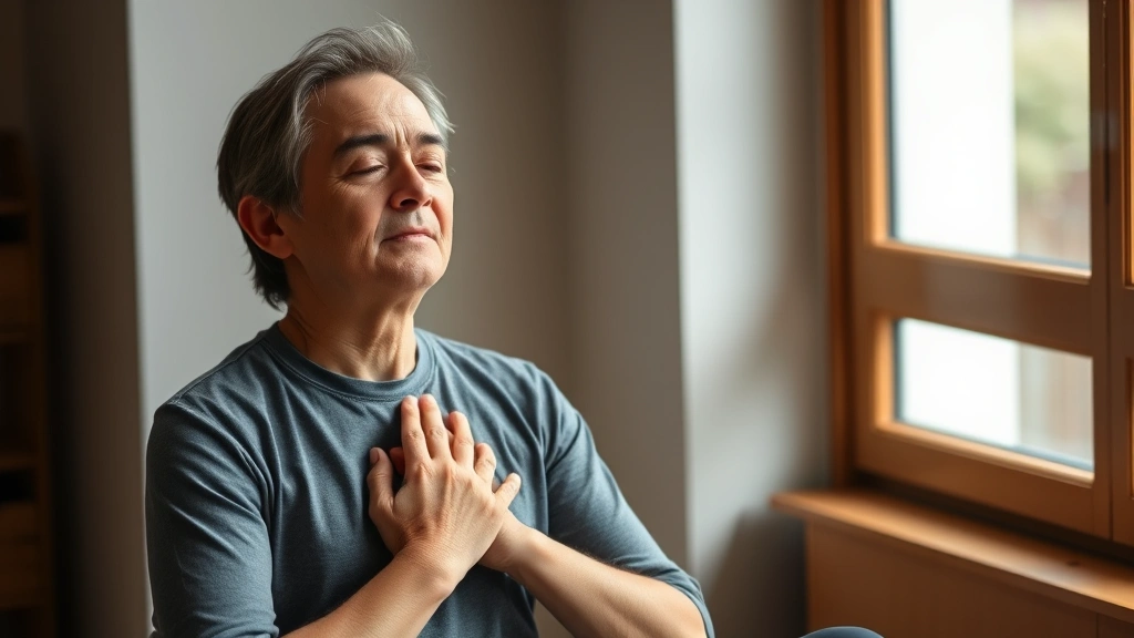 Person practicing mindful breathing with hands on chest, sitting by a window with natural light, showing peaceful expression and relaxed posture, mindfulness in action