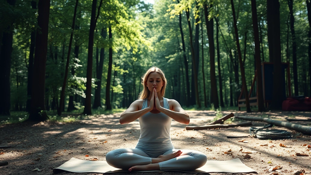 Person practicing yoga or mindfulness in nature, forest setting with dappled sunlight, calm and centered posture, peaceful environment, realistic nature photography, no visible text or signage