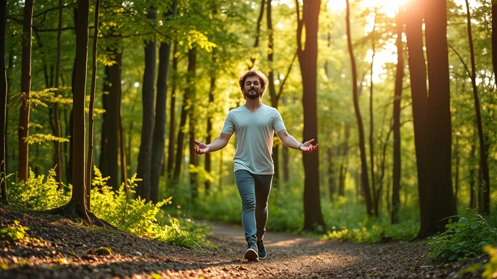 Person performing mindful walking meditation in natural forest setting, sunlight filtering through trees, peaceful expression, full body visible, photorealistic nature photography