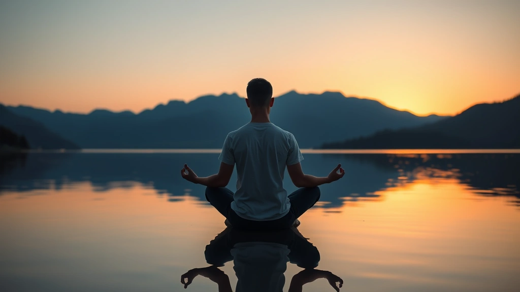Individual in lotus position meditating by tranquil lake at sunset with mountains in background, embodying mental clarity and emotional balance achieved through mindfulness