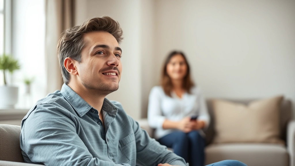 Person experiencing breakthrough moment during therapy session, sitting comfortably with therapist visible slightly blurred in background, natural light from window, hopeful expression, photorealistic mental health support