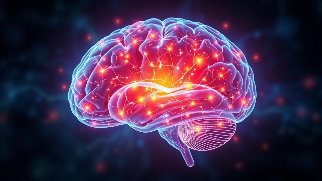 Brain visualization with glowing neural pathways and highlighted emotional regulation centers, scientific illustration style showing mindfulness impact on brain structure