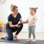 Physical therapist working with young child with Down syndrome during standing balance training exercise on therapy mat, child smiling with therapist providing supportive guidance
