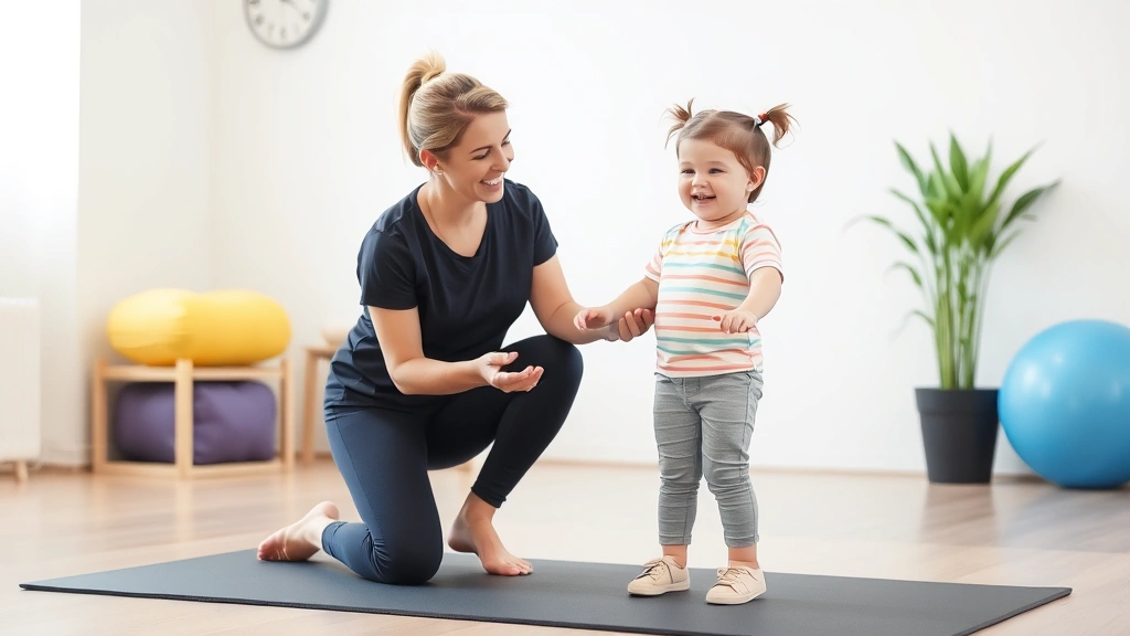 Physical therapist working with young child with Down syndrome during standing balance training exercise on therapy mat, child smiling with therapist providing supportive guidance