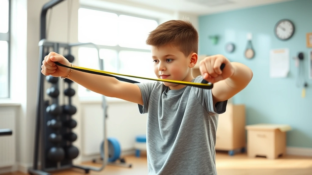 Adult with Down syndrome performing strength training with resistance bands in bright, welcoming physical therapy clinic with supportive equipment and motivational environment