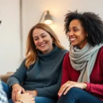 Diverse couple in therapy session with compassionate therapist, warm lighting, modern office setting, genuine emotional connection visible, professional therapeutic environment