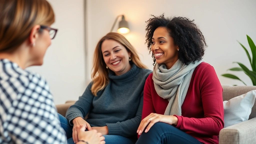 Diverse couple in therapy session with compassionate therapist, warm lighting, modern office setting, genuine emotional connection visible, professional therapeutic environment