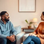 A serene therapist's office with warm lighting, comfortable seating, and soft textures creating a safe emotional space. A diverse couple sits in conversation with genuine connection visible through body language and facial expressions. Neutral, calming colors. Professional therapeutic environment without any clinical coldness.
