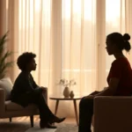 Warm therapeutic environment with soft lighting, comfortable seating, and calming neutral colors. Two silhouettes in gentle conversation, representing authentic human connection and emotional safety. Photorealistic, no text or identifiable features.