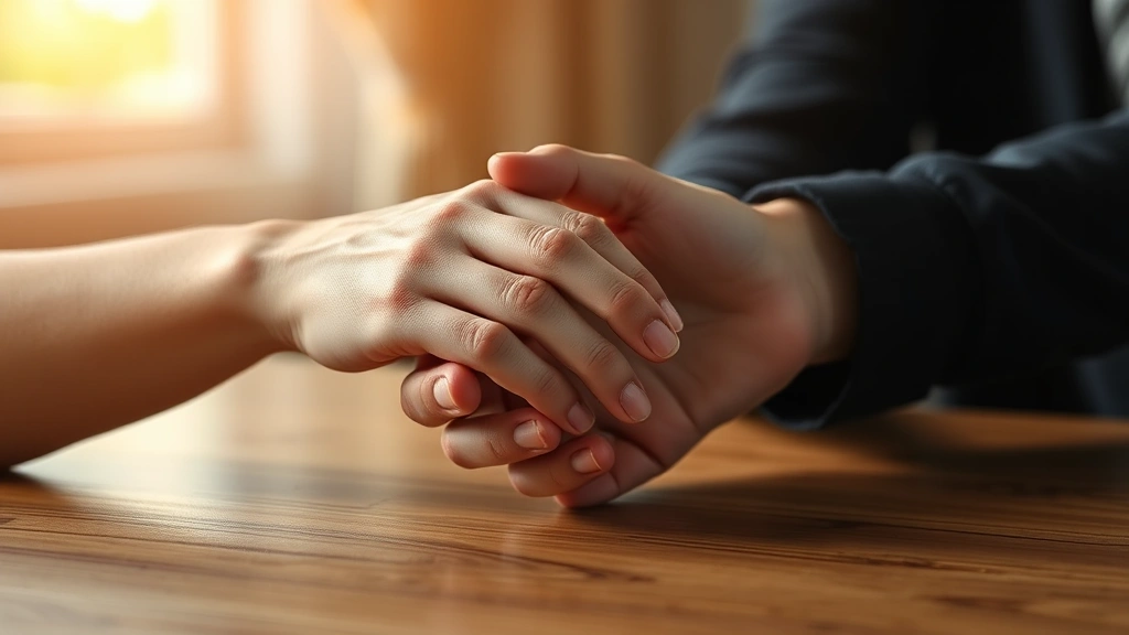 Close-up of two hands gently touching across a table, symbolizing vulnerable connection and emotional intimacy. Warm natural lighting, soft focus background, photorealistic texture showing human connection. No faces visible, focus on the gesture of trust and support between individuals.
