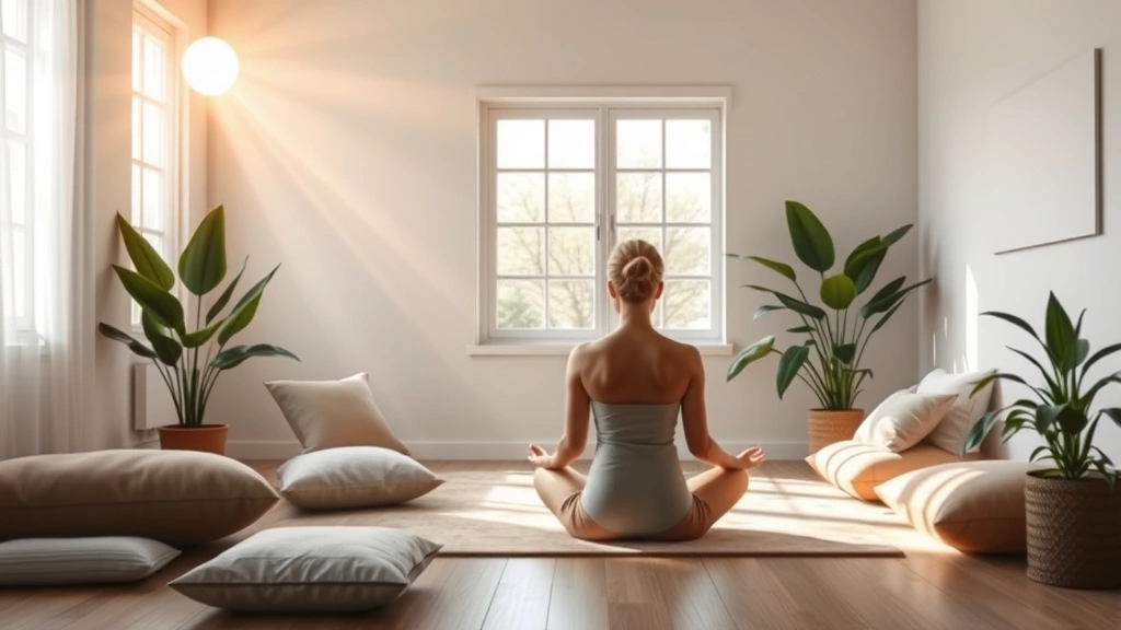 Peaceful meditation space with soft natural light streaming through windows, comfortable cushions, and plants. Person in serene posture representing emotional integration and inner healing. Photorealistic, calming aesthetic, no identifying details or text.