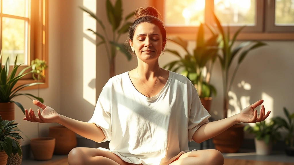 A person sitting peacefully in meditation pose with warm sunlight streaming through windows, surrounded by plants and natural elements. Their expression shows calm, self-compassion, and inner peace. Photorealistic, warm tones, conveying emotional healing and self-love without any text or clinical elements.