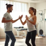 A serene physical therapy clinic with soft natural lighting, a therapist and patient practicing mindful movement together, peaceful and professional setting, modern rehabilitation equipment visible in background
