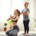 Serene physical therapist guiding patient through mindful movement exercise, both with eyes closed in peaceful concentration, sunlit clinic room with plants, patient in comfortable athletic wear on therapy mat