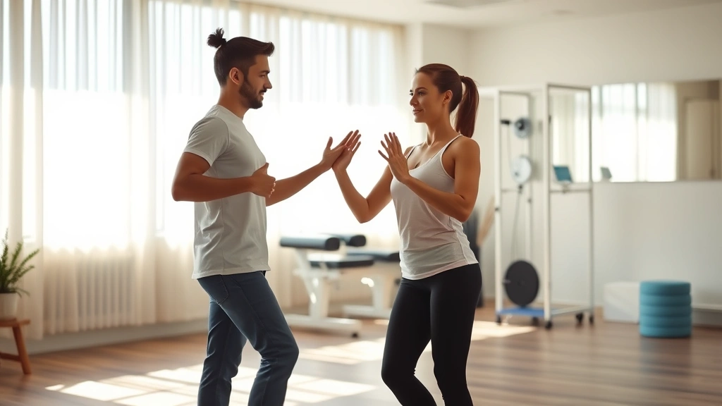 A serene physical therapy clinic with soft natural lighting, a therapist and patient practicing mindful movement together, peaceful and professional setting, modern rehabilitation equipment visible in background