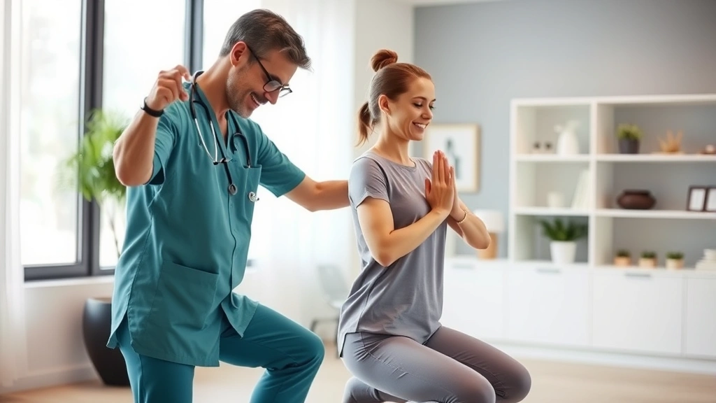 Healthcare professional guiding patient through mindful movement exercise, gentle stretching motion in modern clinic, both figures showing concentration and body awareness, peaceful clinical setting