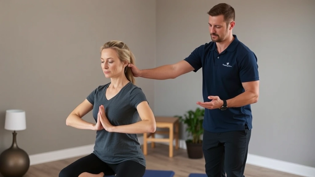 Physical therapist guiding patient through mindful movement exercise, patient showing concentration and body awareness, therapeutic environment with muted colors, both figures demonstrating present-moment engagement, professional medical setting