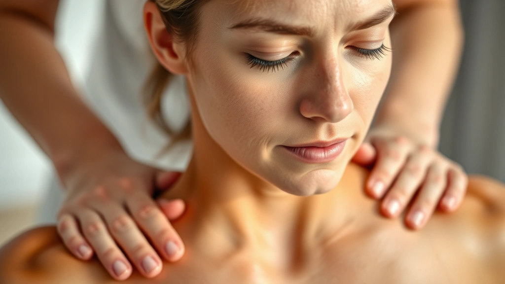 Close-up of patient's face showing calm focus during therapeutic exercise, hands positioned on lower back, therapist's hands gently guiding movement, soft natural lighting emphasizing mindful awareness