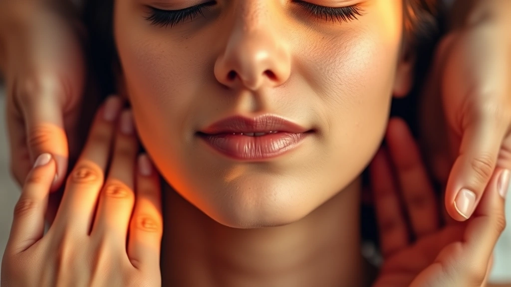 Close-up of a patient's face showing peaceful concentration during meditation, gentle hands receiving therapeutic touch, warm lighting emphasizing relaxation and healing connection