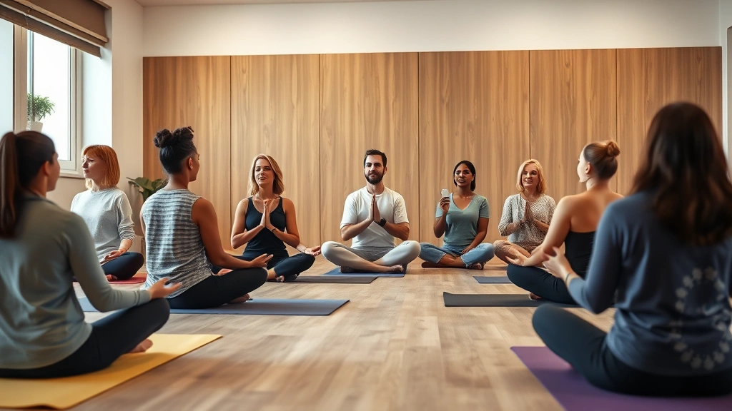 A diverse group of people in a mindfulness-based recovery class sitting on yoga mats in a calm clinical space, instructor demonstrating breathing technique, supportive community atmosphere, neutral warm lighting, wooden elements, focus on peaceful expressions and proper posture, photorealistic wellness environment