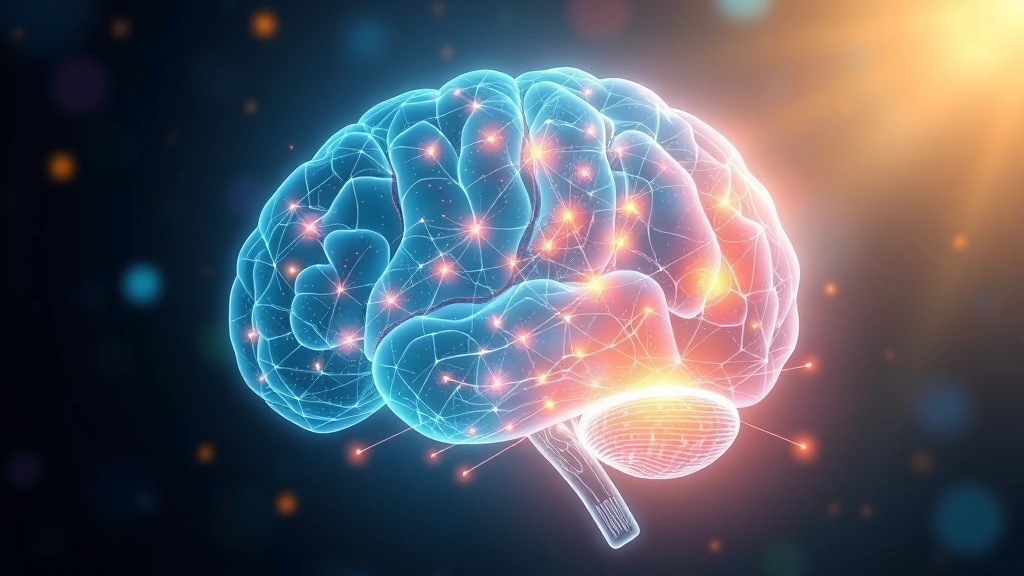 Illustrated brain with glowing neural pathways and mindfulness visualization, serene meditation imagery blended with neurological healing concept, warm healing light, no text or labels